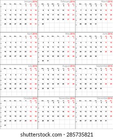 Vector calendar planner schedule 2016 week starts with monday
