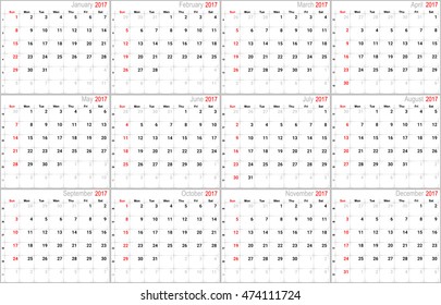 Vector calendar planner schedule agenda organizer 2017 week starts with sunday, american version