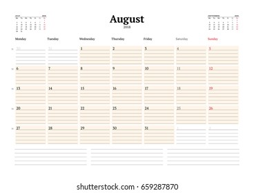 Vector Calendar Planner Template for 2018 Year. August. Stationery Design. Week starts on Monday. 3 Months on the Page. Vector Illustration