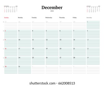 Vector Calendar Planner Template for 2018 Year. December. Stationery Design. Week starts on Sunday. 3 Months on the Page. Vector Illustration