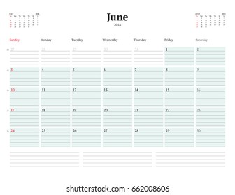 Vector Calendar Planner Template for 2018 Year. June. Stationery Design. Week starts on Sunday. 3 Months on the Page. Vector Illustration