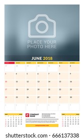 Vector calendar planner template for 2018 year. June. Vector design print template with place for photo. Week starts on Sunday. 3 months on page. Stationery Design