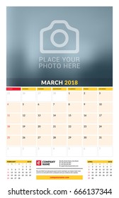 Vector calendar planner template for 2018 year. March. Vector design print template with place for photo. Week starts on Sunday. 3 months on page. Stationery Design