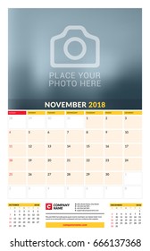 Vector calendar planner template for 2018 year. November. Vector design print template with place for photo. Week starts on Sunday. 3 months on page. Stationery Design