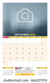 Vector calendar planner template for 2018 year. September. Vector design print template with place for photo. Week starts on Sunday. 3 months on page. Stationery Design