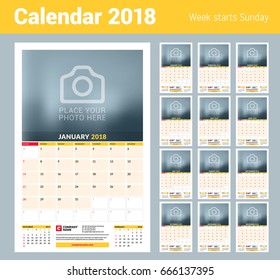 Vector calendar planner template for 2018 year. Vector design print template with place for photo. Week starts on Sunday. 3 months on page. Stationery Design