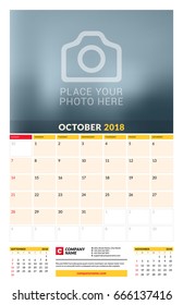 Vector calendar planner template for 2018 year. October. Vector design print template with place for photo. Week starts on Sunday. 3 months on page. Stationery Design