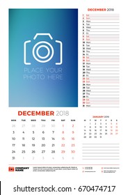 Vector calendar planner template for 2018 year. December. Vector design print template with place for photo. Week starts on Monday