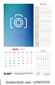Vector calendar planner template for 2018 year. May. Vector design print template with place for photo. Week starts on Monday