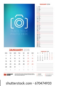 Vector calendar planner template for 2018 year. January. Vector design print template with place for photo. Week starts on Monday