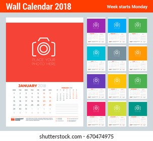 Vector calendar planner template for 2018 year. Set of 12 months. Vector design print template with place for photo. Week starts on Monday