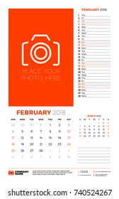 Vector calendar planner template for 2018 year. February. Vector design print template with place for photo. Week starts on Sunday