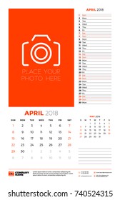 Vector calendar planner template for 2018 year. April. Vector design print template with place for photo. Week starts on Sunday