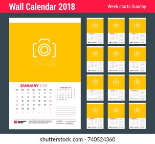 Vector calendar planner template for 2018 year. Set of 12 months. Vector design print template with place for photo. Week starts on Sunday