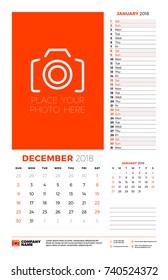 Vector calendar planner template for 2018 year. December. Vector design print template with place for photo. Week starts on Sunday