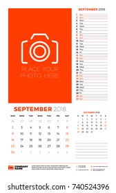 Vector calendar planner template for 2018 year. September. Vector design print template with place for photo. Week starts on Sunday