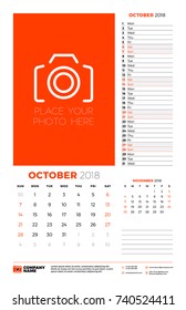 Vector calendar planner template for 2018 year. October. Vector design print template with place for photo. Week starts on Sunday
