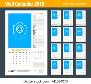 Vector calendar planner template for 2018 year. Set of 12 months. Vector design print template with place for photo. Week starts on Sunday