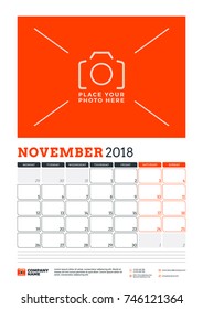 Vector calendar planner template for 2018 year. November. Vector design print template with place for photo. Red and black colors. Week starts on Monday