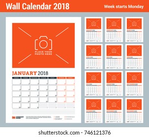 Vector calendar planner template for 2018 year. Set of 12 months. Vector design print template with place for photo. Red and black colors. Week starts on Monday