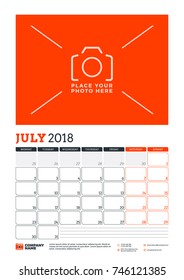 Vector calendar planner template for 2018 year. July. Vector design print template with place for photo. Red and black colors. Week starts on Monday