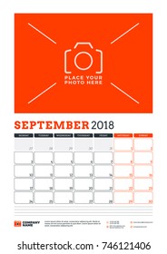 Vector calendar planner template for 2018 year. September. Vector design print template with place for photo. Red and black colors. Week starts on Monday