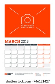 Vector calendar planner template for 2018 year. March. Vector design print template with place for photo. Red and black colors. Week starts on Monday