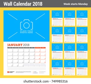 Vector calendar planner template for 2018 year. Set of 12 months. Vector design print template with place for photo. Red and black colors. Week starts on Monday