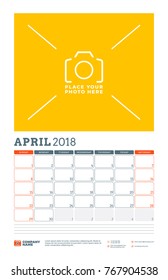 Vector calendar planner template for 2018 year. April. Vector design print template with place for photo. Week starts on Sunday