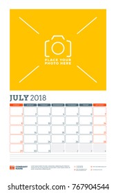 Vector calendar planner template for 2018 year. July. Vector design print template with place for photo. Week starts on Sunday