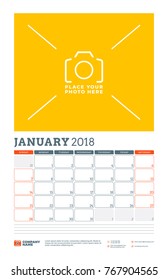 Vector calendar planner template for 2018 year. January. Vector design print template with place for photo. Week starts on Sunday