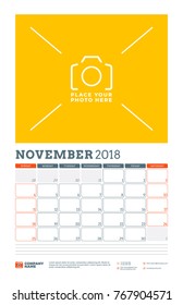 Vector calendar planner template for 2018 year. November. Vector design print template with place for photo. Week starts on Sunday