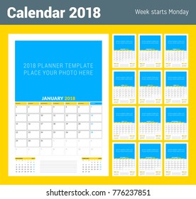 Vector calendar planner template for 2018 year. Vector design print template with place for photo. Week starts on Monday. Set of 12 months