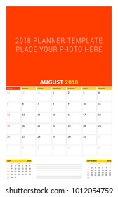 Vector calendar planner template for August 2018. Vector design print template with place for photo. Week starts on Sunday. 3 months on page