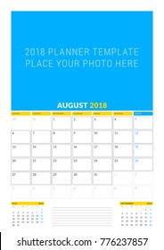 Vector calendar planner template for August 2018. Vector design print template with place for photo. Week starts on Monday. 3 months on page