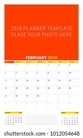 Vector calendar planner template for February 2018. Vector design print template with place for photo. Week starts on Sunday. 3 months on page