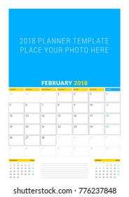 Vector calendar planner template for February 2018. Vector design print template with place for photo. Week starts on Monday. 3 months on page