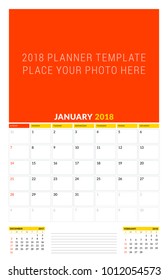 Vector calendar planner template for January 2018. Vector design print template with place for photo. Week starts on Sunday. 3 months on page