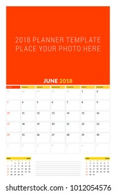 Vector calendar planner template for June 2018. Vector design print template with place for photo. Week starts on Sunday. 3 months on page