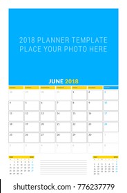 Vector calendar planner template for June 2018. Vector design print template with place for photo. Week starts on Monday. 3 months on page