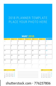 Vector calendar planner template for May 2018. Vector design print template with place for photo. Week starts on Monday. 3 months on page