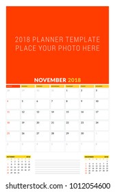 Vector calendar planner template for November 2018. Vector design print template with place for photo. Week starts on Sunday. 3 months on page