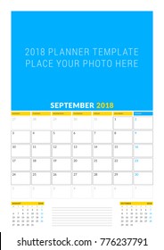 Vector calendar planner template for September 2018. Vector design print template with place for photo. Week starts on Monday. 3 months on page