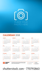 Vector calendar poster for 2018 Year. Week starts on Sunday. Stationery design template with place for photo