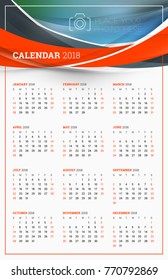 Vector calendar poster for 2018 Year. Week starts on Sunday. Stationery design template with abstract background and place for photo