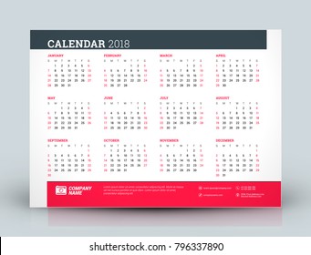 Vector calendar poster for 2018 Year. Week starts on Sunday. Stationery design template