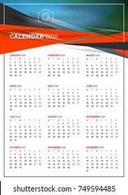 Vector calendar poster A3 size for 2018 Year. Week starts on Monday. Stationery design template with abstract background and place for photo