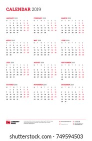 Vector calendar poster A3 size for 2019 Year. Week starts on Monday. Stationery design template