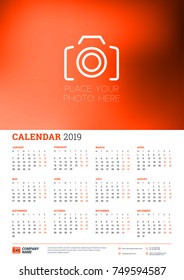 Vector calendar poster A3 size for 2019 Year. Week starts on Monday. Stationery design template with place for photo