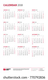 Vector calendar poster Tabloid size for 2018 Year. Week starts on Sunday. Stationery design template